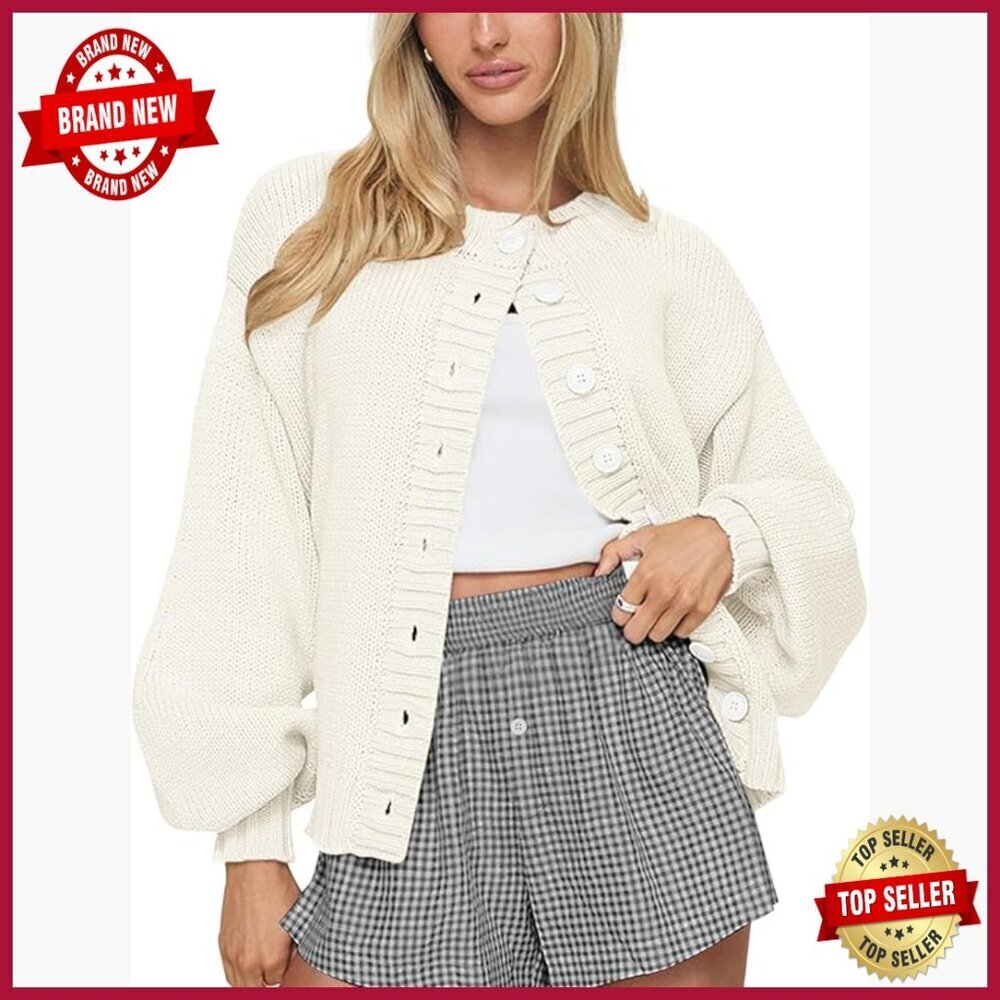 Oversized Button Front Cardigan Lantern Sleeve Sweater Loose Fit Acrylic